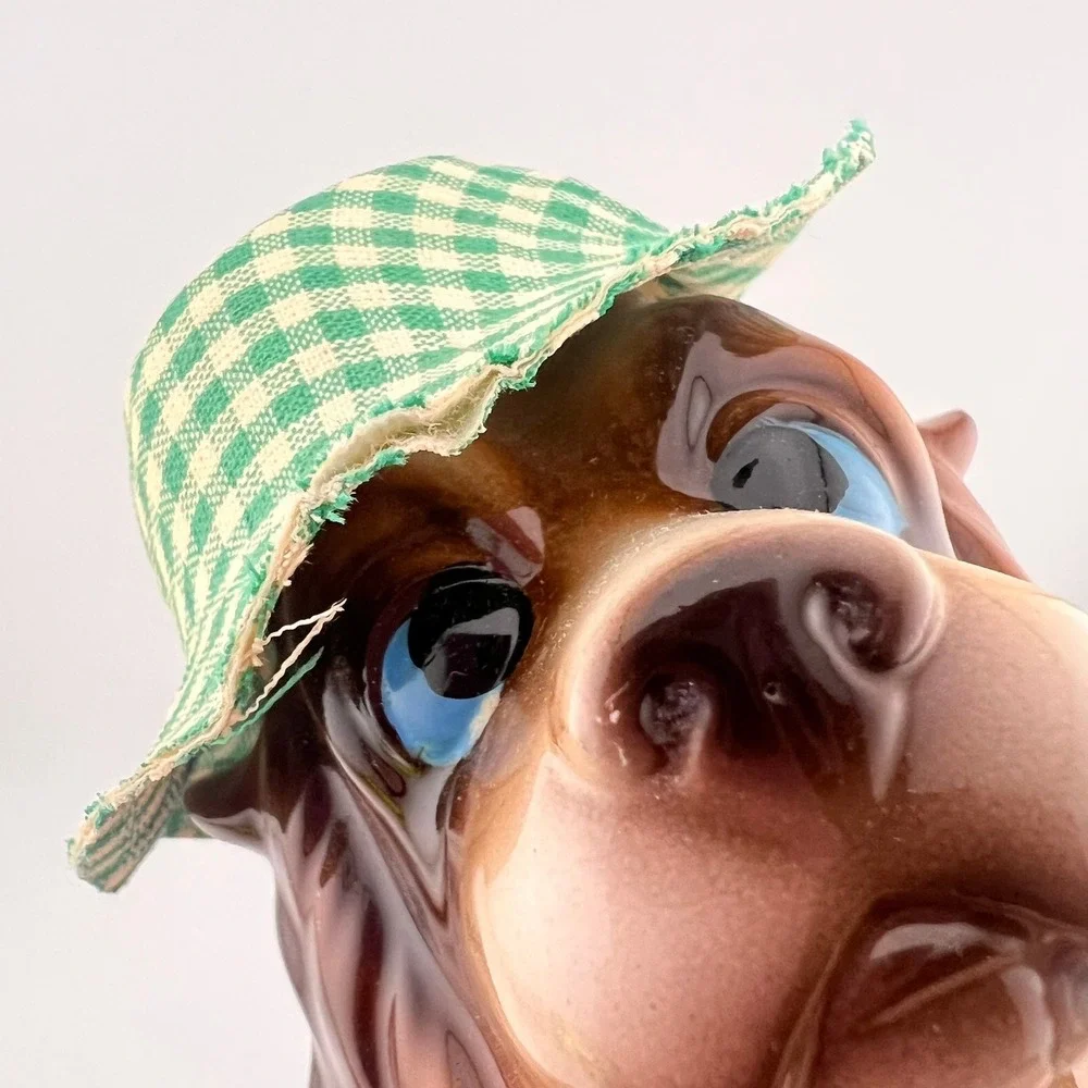 Vintage Big Eye Dog Figurine‎ With Cloth Hat Pipe Kitsch Decor Puppy 7.50